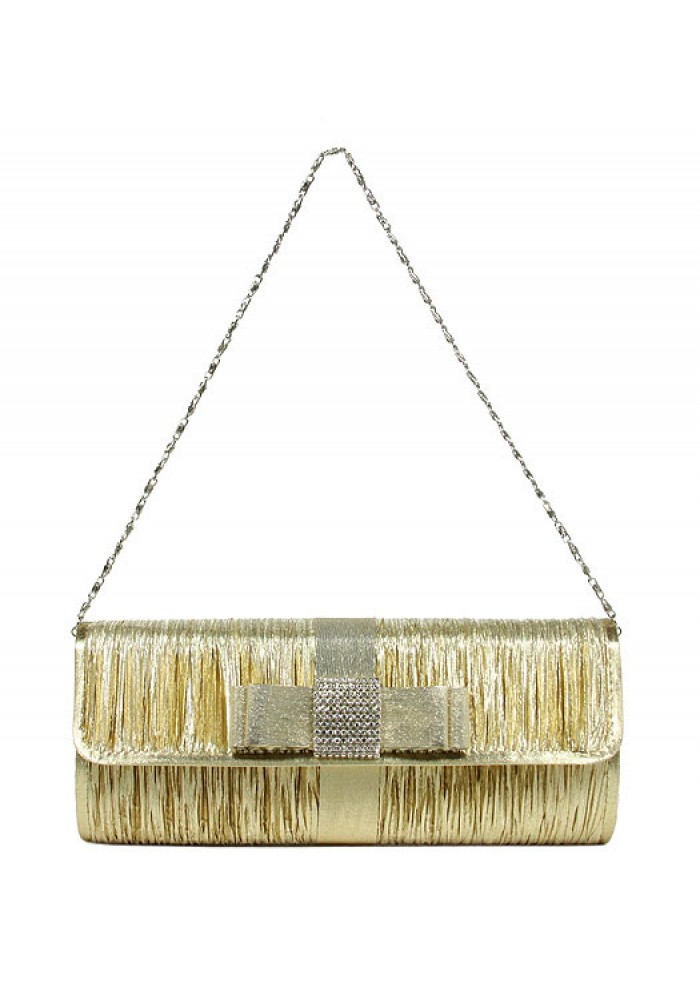 Evening Bag - Pleated Clutch w/ Metal Mesh Accent Bow Flap - Gold -BG-92055G